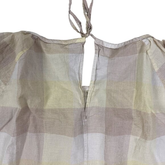 EVERLANE The Ruched Air Peasant Toffee Plaid Balloon sleeve Blouse Women's Sz 12 - Picture 9 of 10